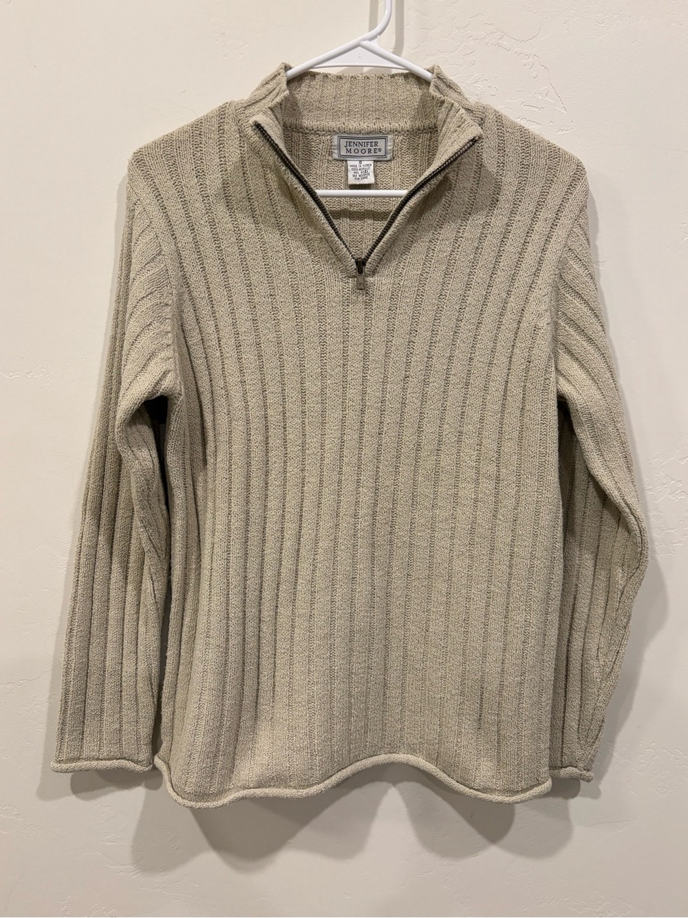Jennifer Moore Men’s Ribbed Quarter-Zip Sweater in Light Beige